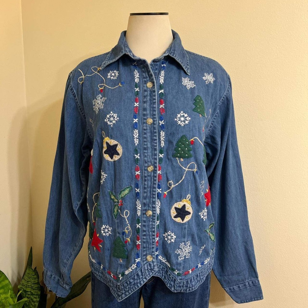 Sara Studio Christmas Denim Shirt Womens Large Embroidered Holiday Festive Blue